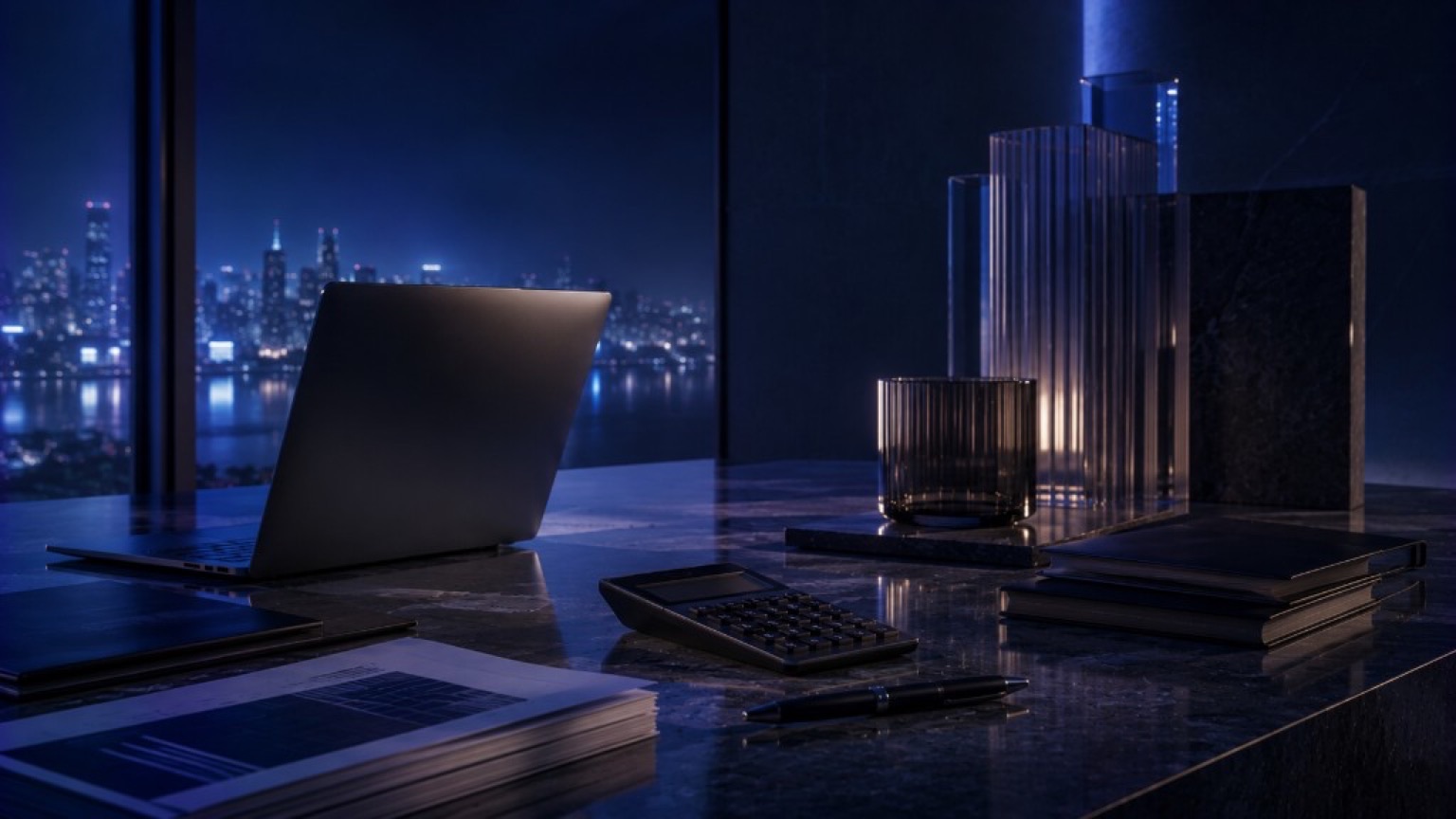Kyriba executive workspace overlooking a city skyline at night
